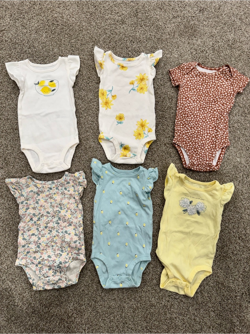 Carter's Yellow, White, Blue, Brown Floral & Lemon One-Piece Bodysuit Bundle